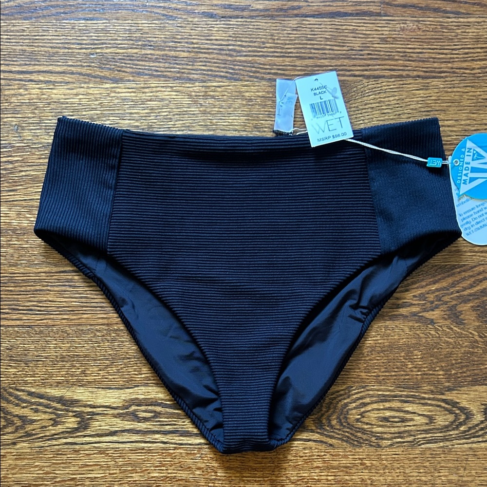 WET Classic Ribbed High-Waisted Black Bikini Bottom Sz LARGE NWT $98